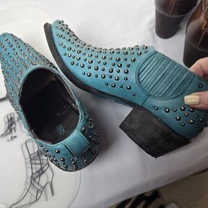 Lane Turquoise Studded Leather Western Ankle Boots Boho Festival Size EU 36